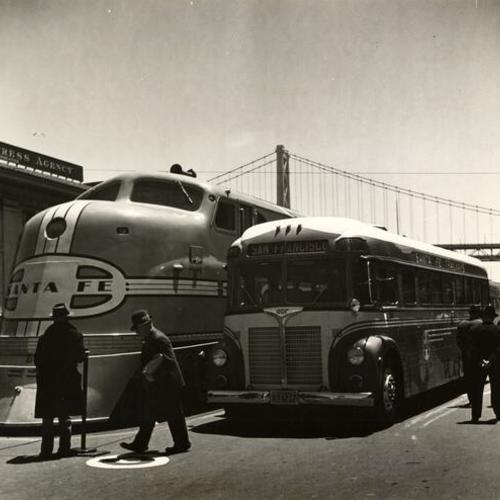 [Santa Fe Railway Company train "Golden Gate," on display at the Embarcadero]