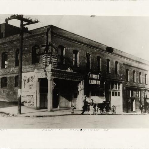 [The Turf concert hall on the corner of Montgomery and Pacific streets in the Barbary Coast district]