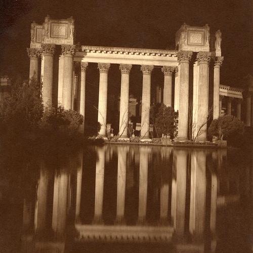 [Lagoon reflection of Palace of Fine Arts at night]