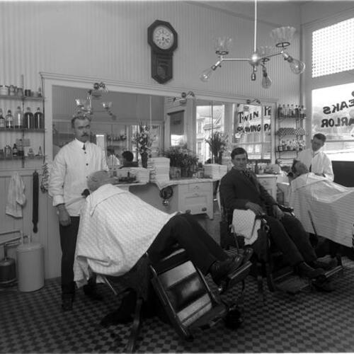 Twin Peaks shaving parlor with customers