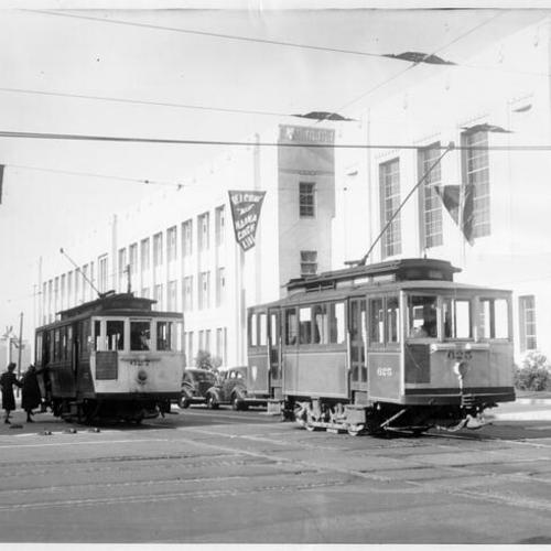 [Two streetcars at the intersection of Fillmore and Chestnut streets in the Marina]