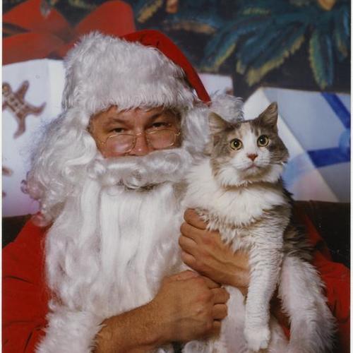 Santa Claus holding cat at Santa Paws fundraiser