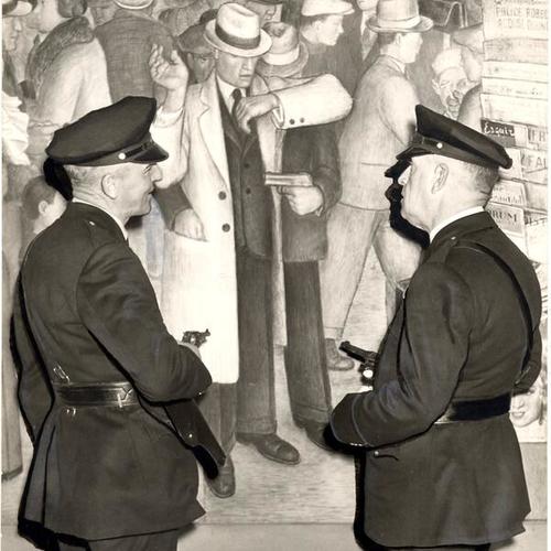 [Two police officers standing in front of a mural inside Coit Tower]