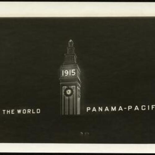 [Ferry Building at night, lit up for Panama-Pacific International Exposition]