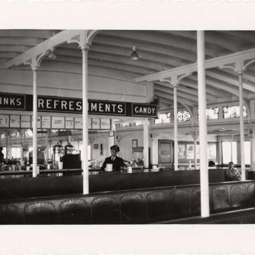 [Interior view of the ferryboat "Berkeley" snack bar]