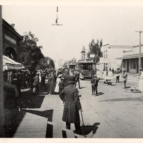 [Street scene of terminus of Haight Street car line at entrance to Golden Gate Park, 1887]