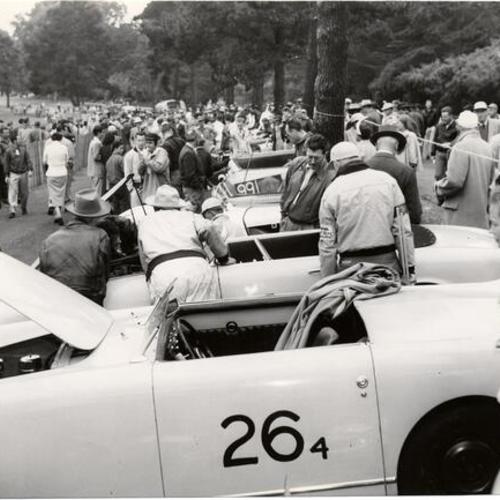 [Last minute checks being made to cars at Guardsmen's 1st annual Sports Car Road Race in Golden Gate Park]