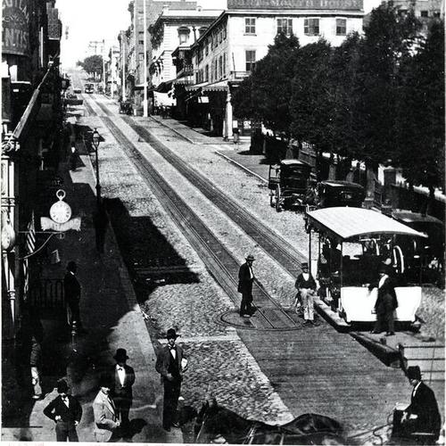Kearny Street.  Terminus of Clay Street Hill Railroad Company Cable Car Route-first in U.S.A.  August 2, 1873