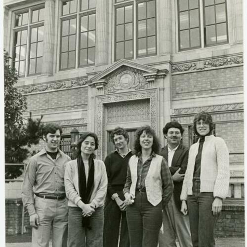 [Margaret Wyatt and staff in front of the Noe Valley Branch of the San Francisco Public Library]
