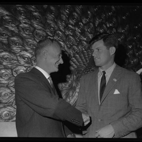 Robert Kennedy (right) at Kennedy-Johnson rally at Mark Hopkins Hotel