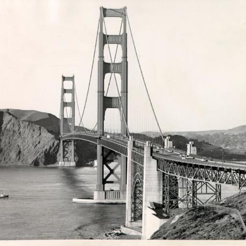 [View of the Golden Gate Bridge looking north toward the Marin shore]