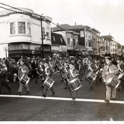 [Cub Scout Pack 58, Drum and Bugle Corps marching in the big parade on Clement street]