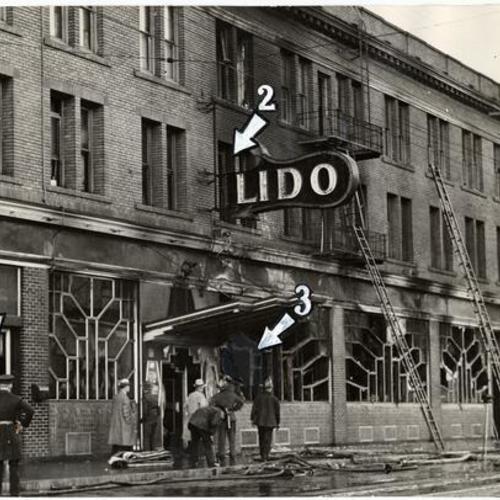 [Exterior of the Lido Cafe after a fire]