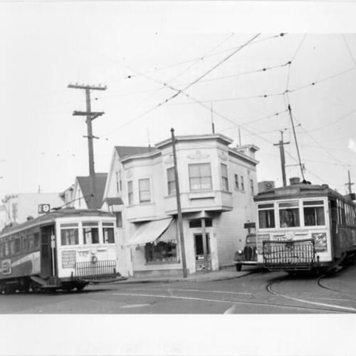 [Two Market Street railroad 9 line streetcars]
