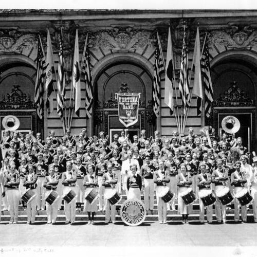 [Fortuna High School Band from Humboldt County posing in front of City Hall during the Golden Gate Bridge Fiesta]