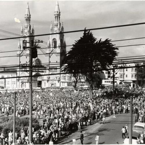 [Large crowd outside Saints Peter and Paul's Church]
