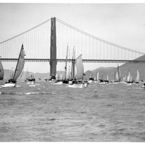 [Small boats sailing near the Golden Gate Bridge]