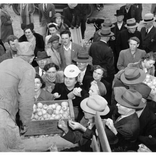 [Crowd of people buying apples at the Farmers' Market at Duboce and Market streets]