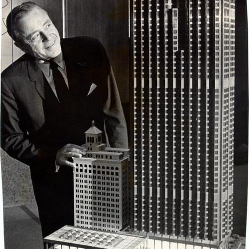 [Bank of America president R. A. Peterson with a model of the bank's Headquarters building]