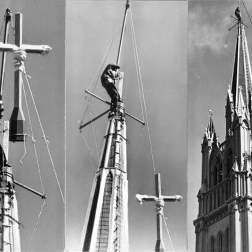 [Steeplejack Ralph Clark setting in place a 10-foot tall, six-foot wide cross on top of St. Paulus Lutheran Church]