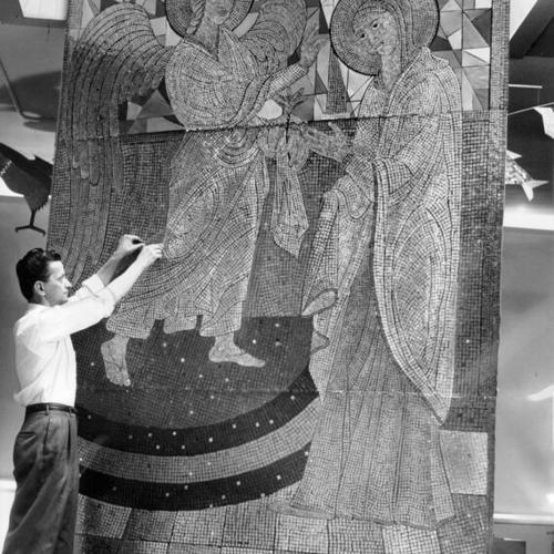 [Artist Nikos Bel Jon putting finishng touches on a Byzantine-type mosiac for the Greek Orthodox Church of the Annunciation]