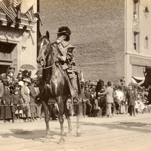 [Don Gaspar de Portola on horseback, Parade from Portola Festival, October 19-23, 1909]