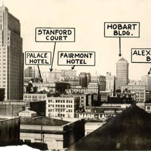 [View of downtown San Francisco, with text and arrows pointing out the St. Francis Hotel, Claus Spreckels Building, Palace Hotel, Stanford Court Hotel, Fairmont Hotel, Hobart Building, Alexander Building and Standard Oil Building]