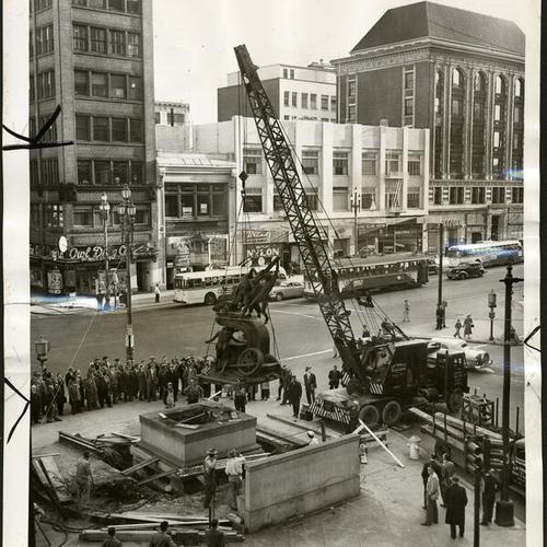 [Donahue Monument, also known as the Mechanics Monument, being moved to make way for street widening]