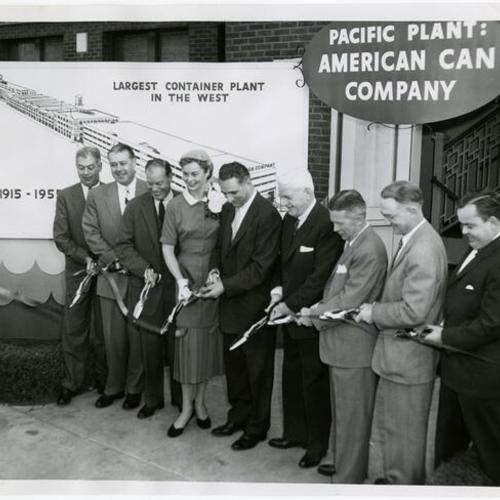 [Ribbon cutting ceremony for the American Can Company's expanded manufacturing plant]