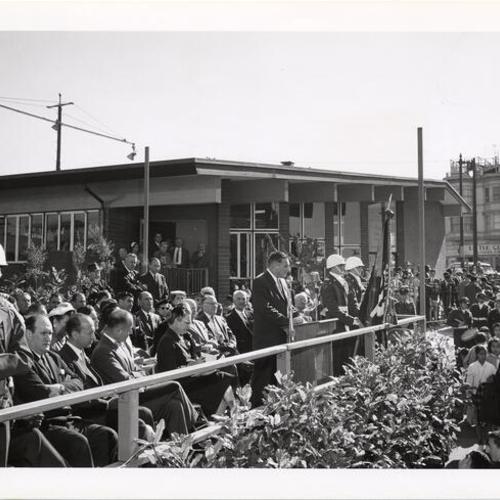 [Mayor George Christopher speaking at dedication of North Beach Branch Library]