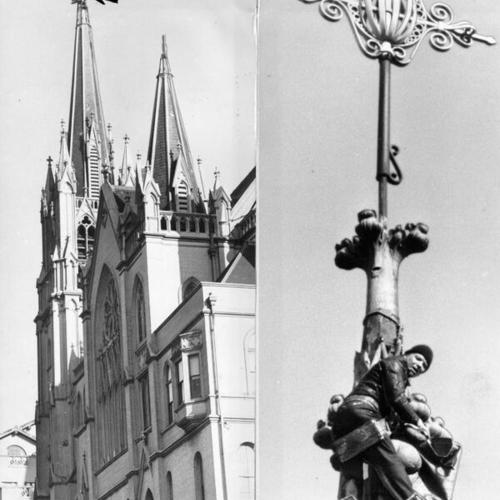 [Steeplejack Ralph Clark removing several ornaments from St. Paulus Lutheran Church]