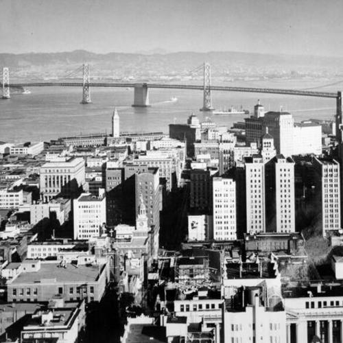 [View of downtown and Bay Bridge from Clift Hotel]