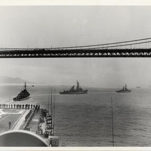 [View from the USS Coral Sea (aircraft carrier; CVB-43) upon arrival in San Francisco Bay with the "Golden Fleet"]