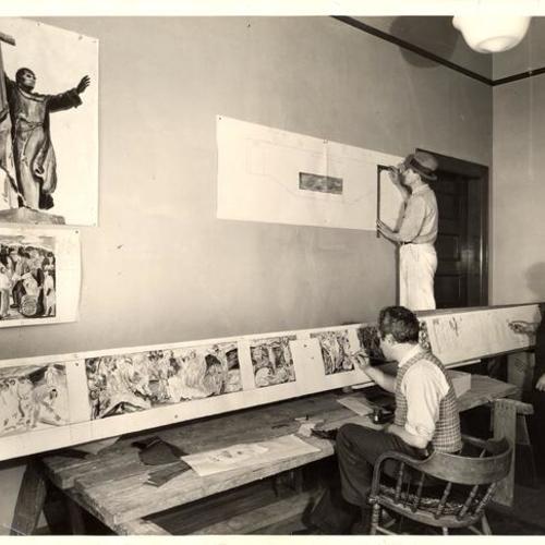 [Artist Bernard Zakheim and helpers working on a fresco design for the State Hospital]