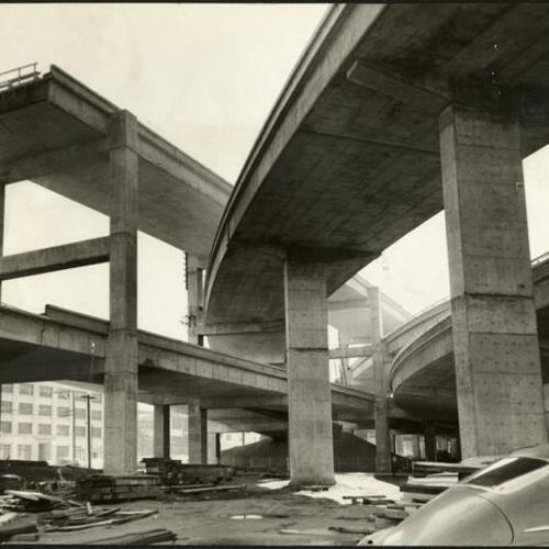 [Embarcadero Freeway ramps under construction]
