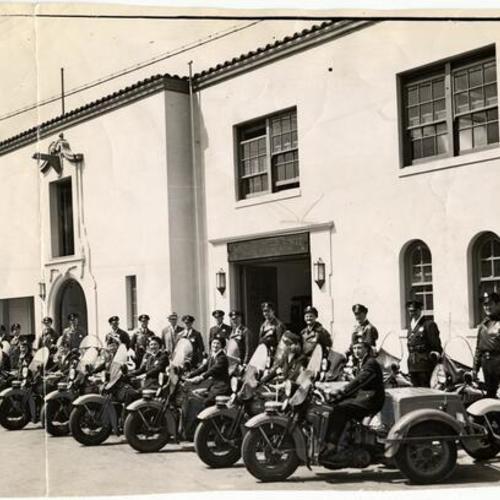 [Police motorcycle unit squad in front of San Francisco Police Department's Motocycle Unit Headquarters at Southern Station of Clara Street]