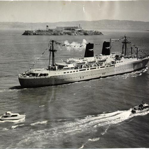 [Luxury liner SS President Roosevelt passing by Alcatraz Island]