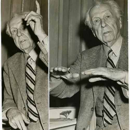 [Frank Lloyd Wright uses his hand to illustrate what may happen to bridges]