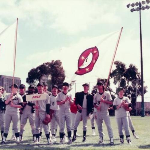 [Team photo of the Eagle Team and opening day ceremonies at Lang Field in 1987]