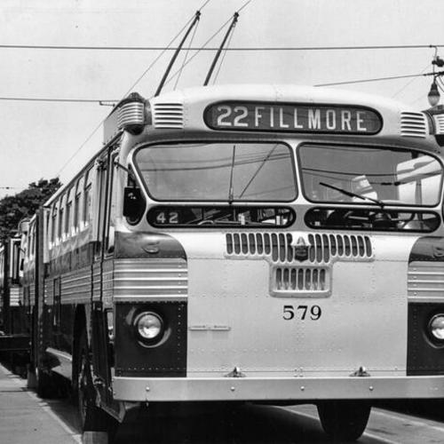 [Municipal Railway trackless trolley 22 Fillmore line, car number 579]