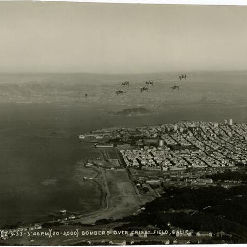 [Aerial of bombers over Crissy Field]