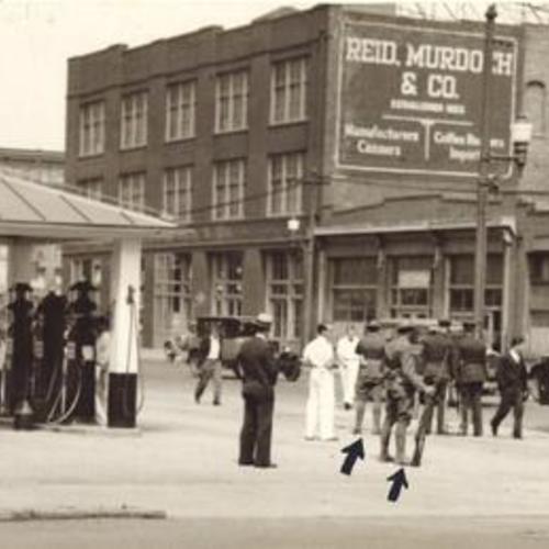 [Gas station at Main and Mission streets reopening under National Guards during strike of 1934]