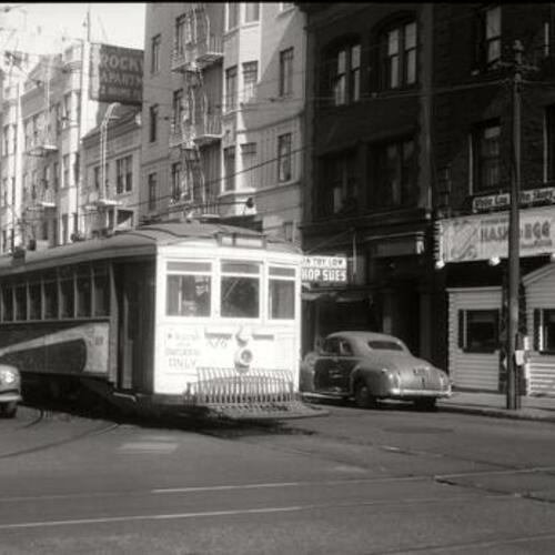 [Southeast corner of O'Farrell and Larkin streets with outbound #20 line car 816 "McAllister and Divisadero Only"]