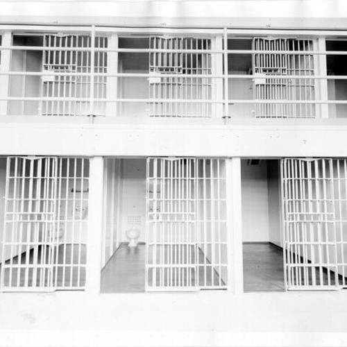 [Two tiers of open cells of Alcatraz Island prisons "D" block]