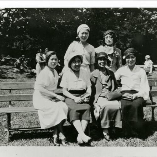 [Six women on park bench in Golden Gate Park in 1934]