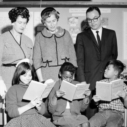[Two members of the San Francisco Board of Education visiting John Swett School with H. Saltsman, of the Ford Foundation's "Great Cities" project]