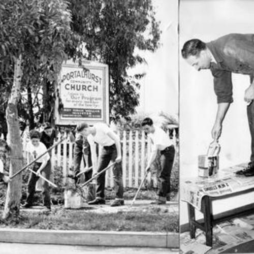 [Members of the congregation and their children redecorating the Portalhurst Presbyterian Church]