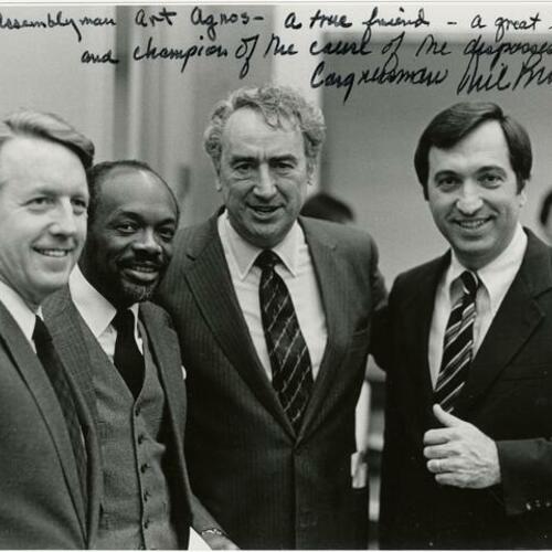 [Left to right, assemblyman Leo T. McCarthy, Assemblyman Willie L. Brown, Congressman Phil Burton, and Art Agnos, early 1980's]