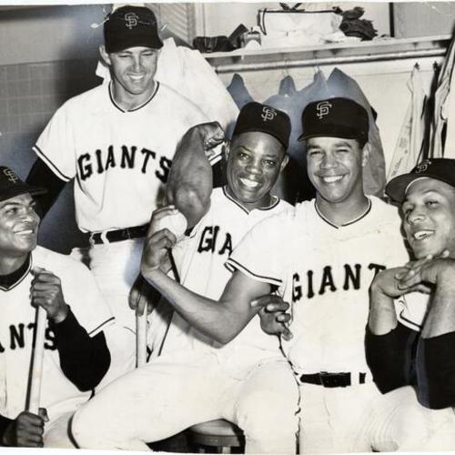 [Felipe Alou, Jim Davenport, Willie Mays, Juan Marichal and Orlando Cepeda en route to 1962 All-Star Game]