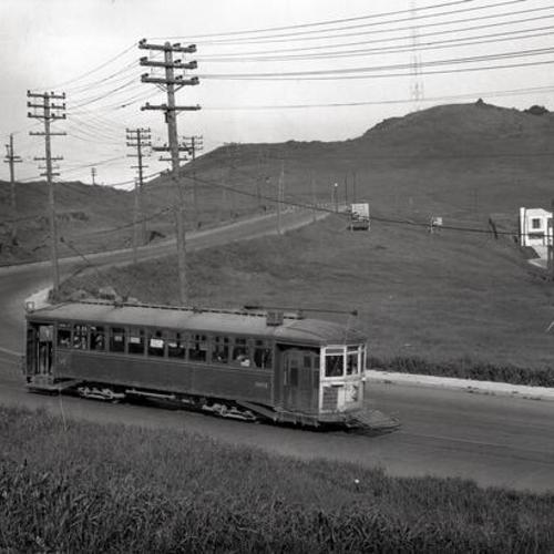 [Rodeo (now San Bruno) Avenue north of Arleta and Bayshore showing outbound #16 line car 961]